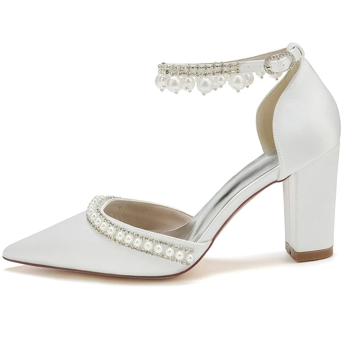 Women's Wedding Shoes Pointed Toe Block Heel Luxury Buckle Bridal Shoes with Crystal & Pearl