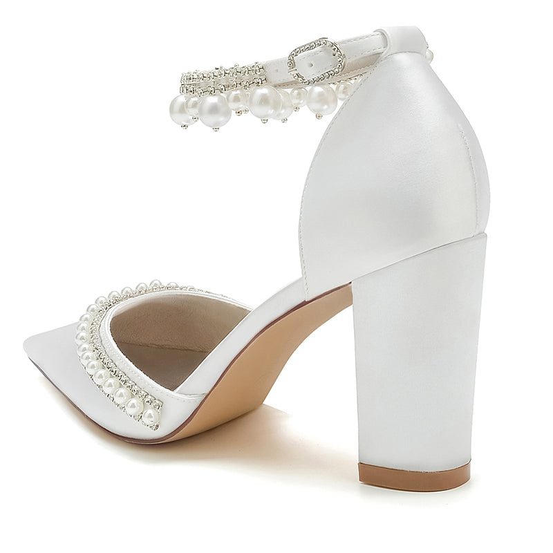 Women's Wedding Shoes Pointed Toe Block Heel Luxury Buckle Bridal Shoes with Crystal & Pearl