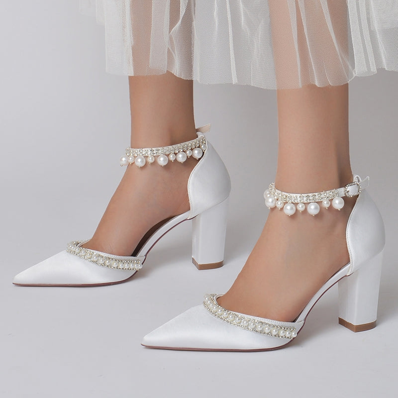 Women's Wedding Shoes Pointed Toe Block Heel Luxury Buckle Bridal Shoes with Crystal & Pearl
