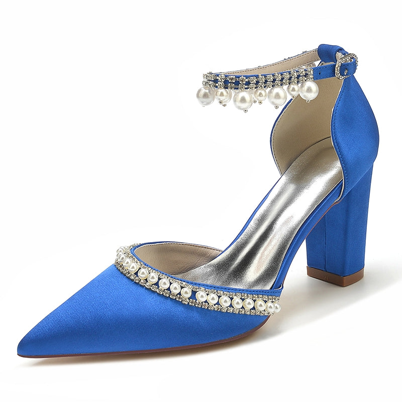 Women's Wedding Shoes Pointed Toe Block Heel Luxury Buckle Bridal Shoes with Crystal & Pearl