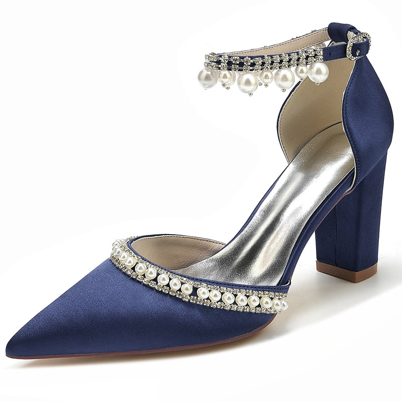 Women's Wedding Shoes Pointed Toe Block Heel Luxury Buckle Bridal Shoes with Crystal & Pearl