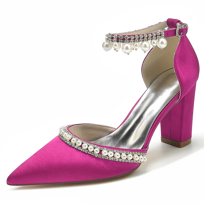 Women's Wedding Shoes Pointed Toe Block Heel Luxury Buckle Bridal Shoes with Crystal & Pearl