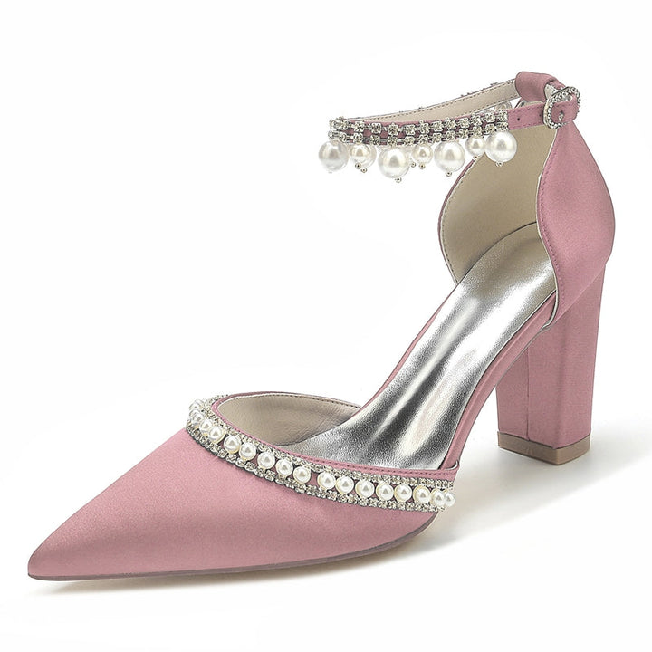 Women's Wedding Shoes Pointed Toe Block Heel Luxury Buckle Bridal Shoes with Crystal & Pearl