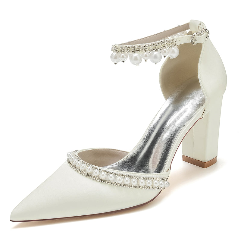 Women's Wedding Shoes Pointed Toe Block Heel Luxury Buckle Bridal Shoes with Crystal & Pearl