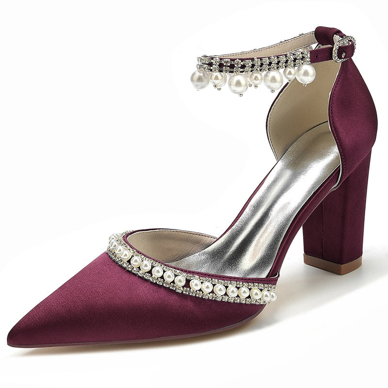 Women's Wedding Shoes Pointed Toe Block Heel Luxury Buckle Bridal Shoes with Crystal & Pearl