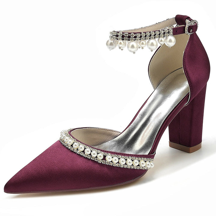 Women's Wedding Shoes Pointed Toe Block Heel Luxury Buckle Bridal Shoes with Crystal & Pearl