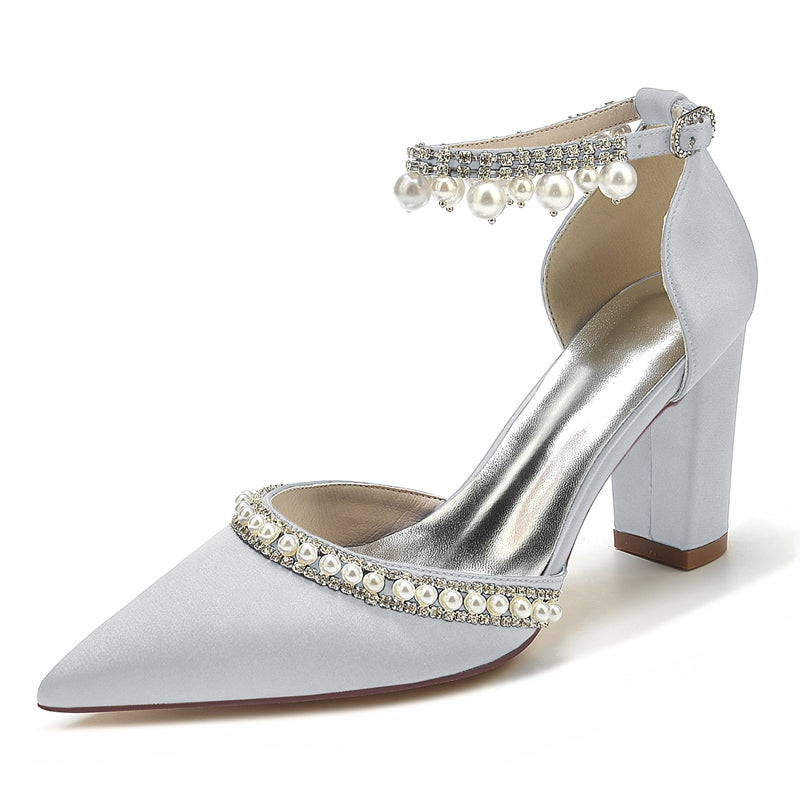 Women's Wedding Shoes Pointed Toe Block Heel Luxury Buckle Bridal Shoes with Crystal & Pearl