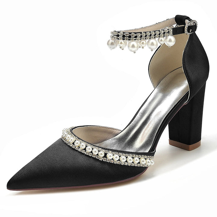 Women's Wedding Shoes Pointed Toe Block Heel Luxury Buckle Bridal Shoes with Crystal & Pearl