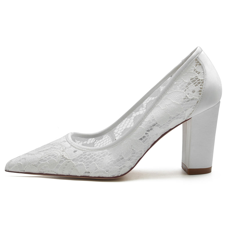 Women's Wedding Shoes White Pointed Toe Block Heel Lace Tulle Elegant Bridal Shoes