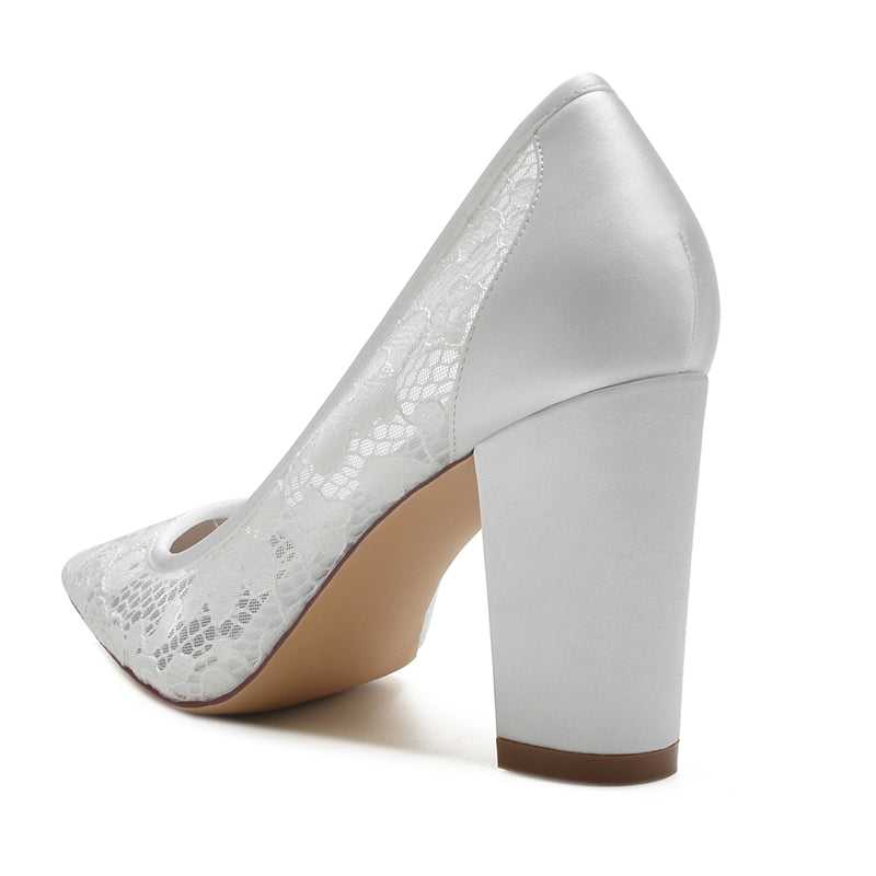 Women's Wedding Shoes White Pointed Toe Block Heel Lace Tulle Elegant Bridal Shoes