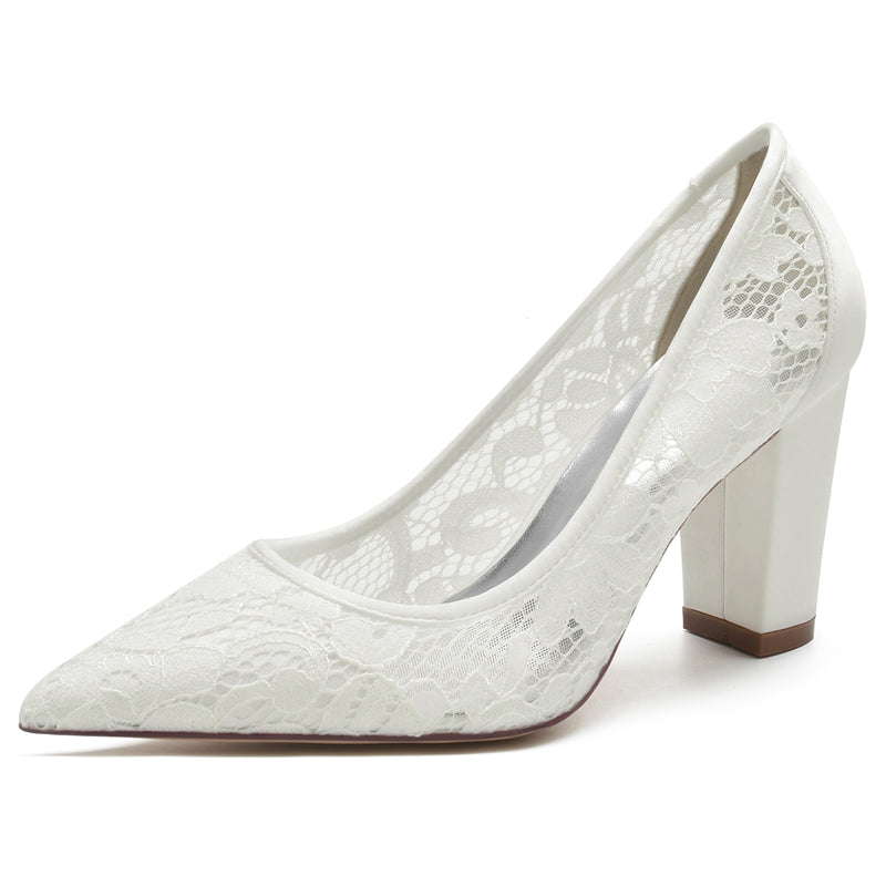 Women's Wedding Shoes White Pointed Toe Block Heel Lace Tulle Elegant Bridal Shoes
