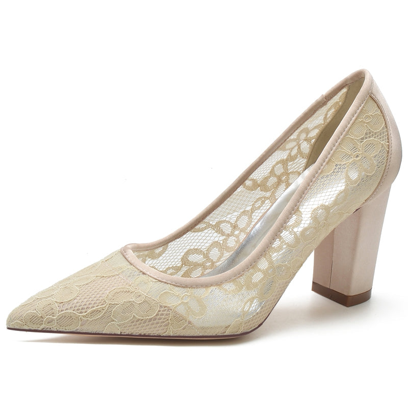 Women's Wedding Shoes White Pointed Toe Block Heel Lace Tulle Elegant Bridal Shoes
