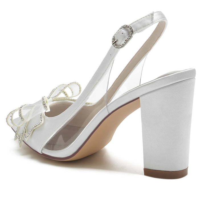 Women's Wedding Shoes Pointed Toe Chunky Heel Buckle Bridal Shoes with Bow & Opened Back