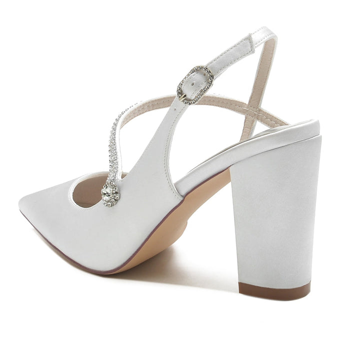 Women's Wedding Shoes Closed Toe Chunky Heel Crossed Straps Rhinestone Buckle Bridal Shoes