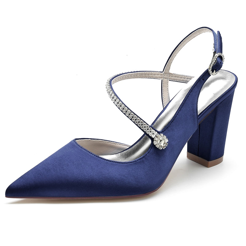 Women's Wedding Shoes Closed Toe Chunky Heel Crossed Straps Rhinestone Buckle Bridal Shoes