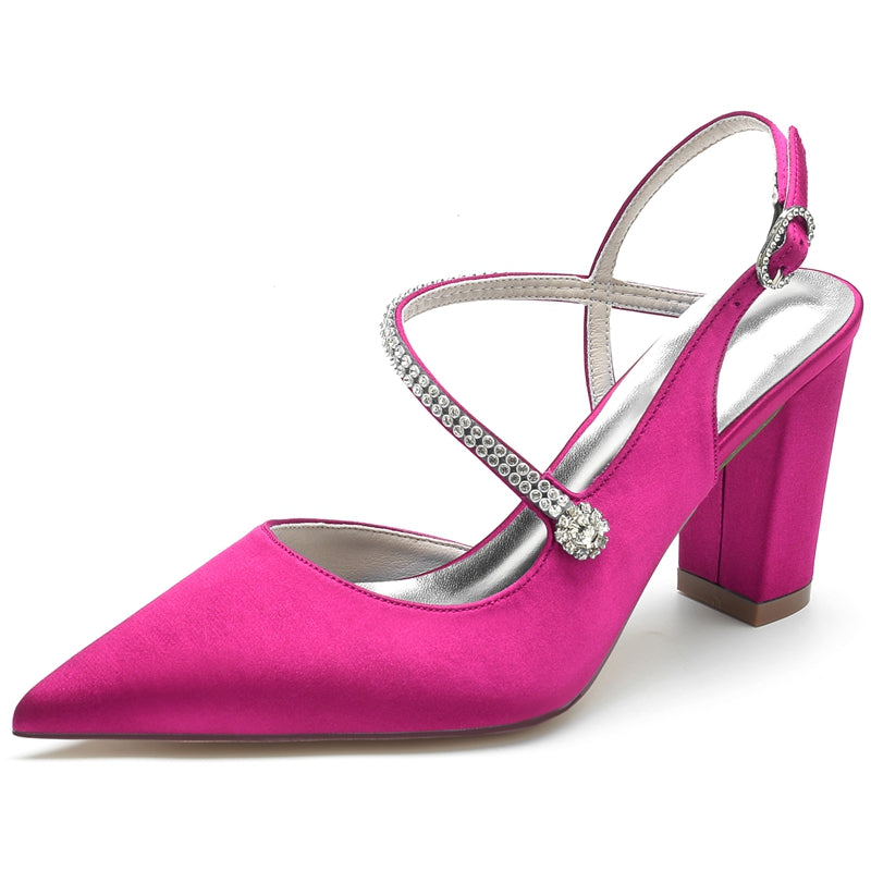 Women's Wedding Shoes Closed Toe Chunky Heel Crossed Straps Rhinestone Buckle Bridal Shoes