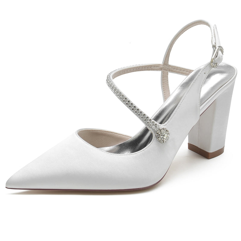 Women's Wedding Shoes Closed Toe Chunky Heel Crossed Straps Rhinestone Buckle Bridal Shoes