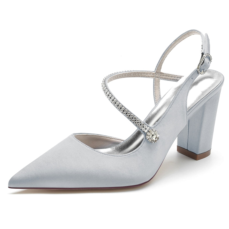 Women's Wedding Shoes Closed Toe Chunky Heel Crossed Straps Rhinestone Buckle Bridal Shoes