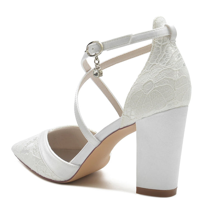 Women's Wedding Shoes White Pointed Toe Block Heel Crossed Straps Lace Buckle Bridal Shoes