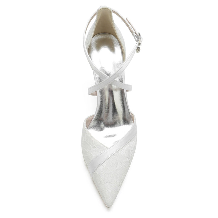 Women's Wedding Shoes White Pointed Toe Block Heel Crossed Straps Lace Buckle Bridal Shoes