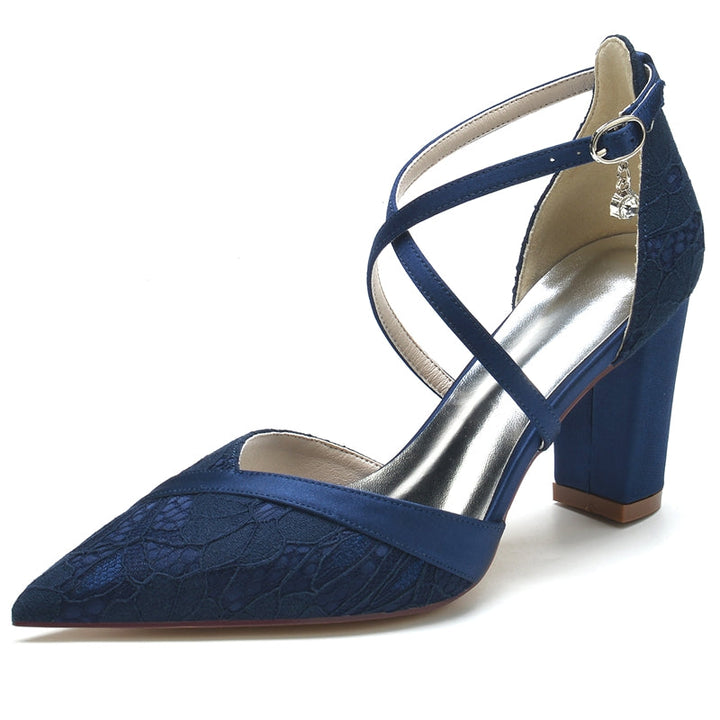 Women's Wedding Shoes White Pointed Toe Block Heel Crossed Straps Lace Buckle Bridal Shoes
