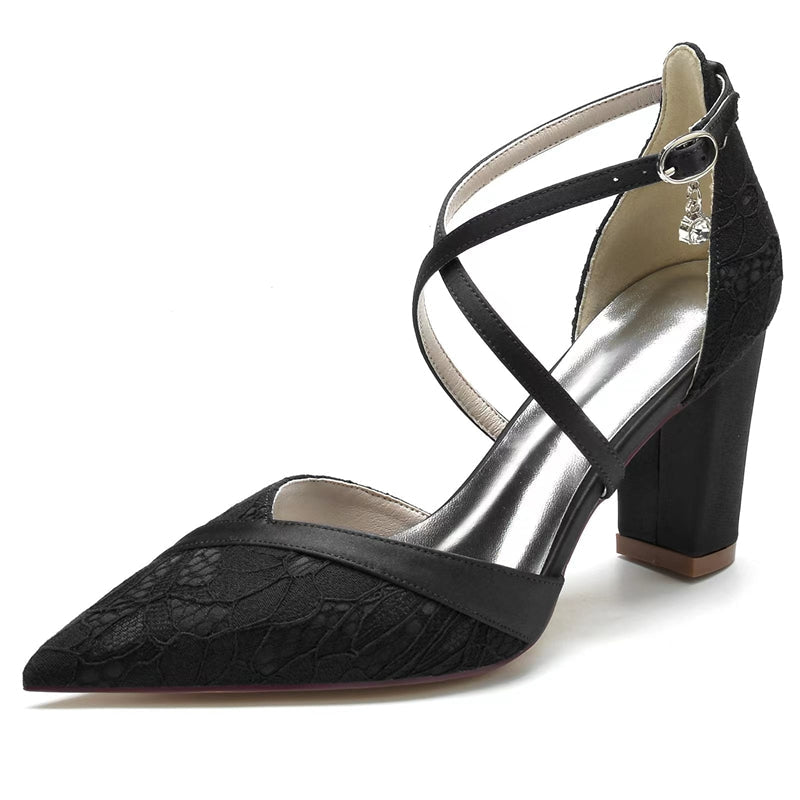Women's Wedding Shoes White Pointed Toe Block Heel Crossed Straps Lace Buckle Bridal Shoes