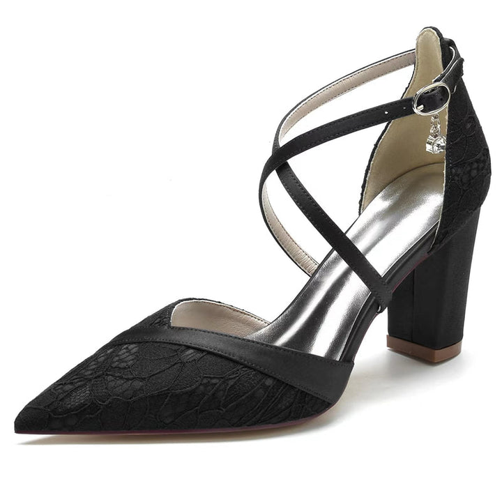 Women's Wedding Shoes White Pointed Toe Block Heel Crossed Straps Lace Buckle Bridal Shoes