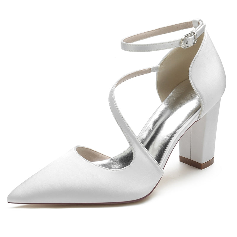 Women's Wedding Shoes Black Closed Toe Block Heel Crossed Straps Buckle Bridal Shoes