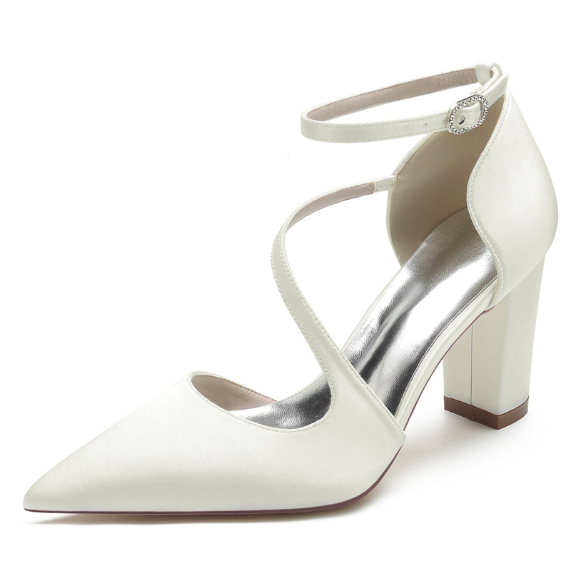 Women's Wedding Shoes Black Closed Toe Block Heel Crossed Straps Buckle Bridal Shoes