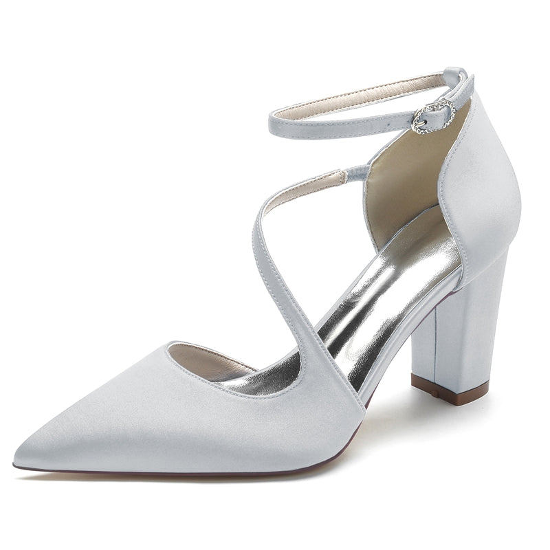 Women's Wedding Shoes Black Closed Toe Block Heel Crossed Straps Buckle Bridal Shoes