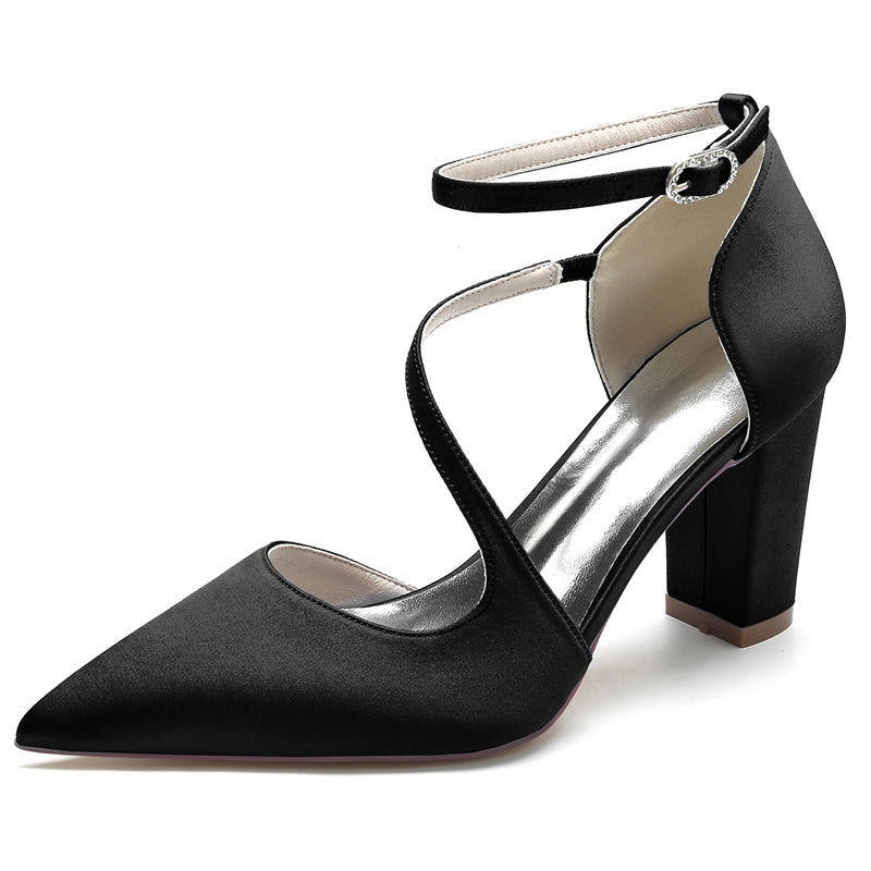 Women's Wedding Shoes Black Closed Toe Block Heel Crossed Straps Buckle Bridal Shoes