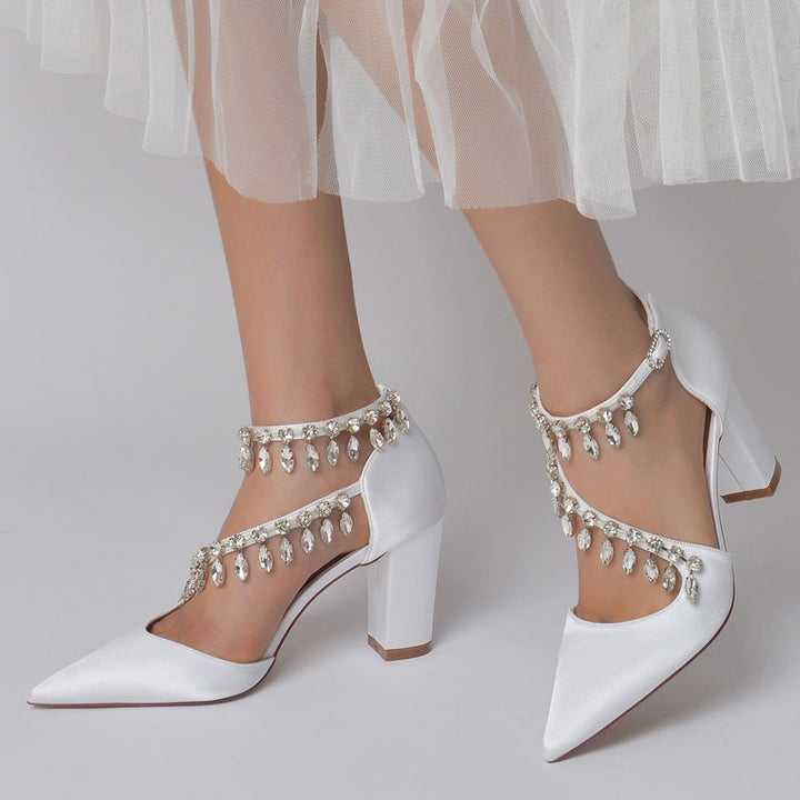 Women's Wedding Shoes Closed Toe Luxurious Crossed Straps Rhinestone Buckle Bridal Shoes