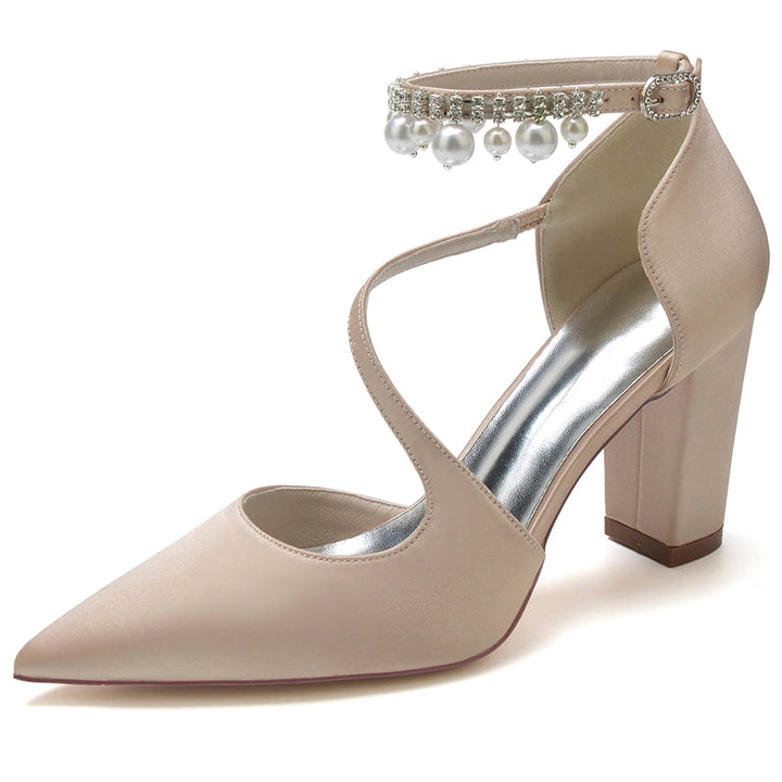 Women's Wedding Shoes Pointed Toe Crossed Straps Buckle Sophisticated Bridal Shoes with Pearl