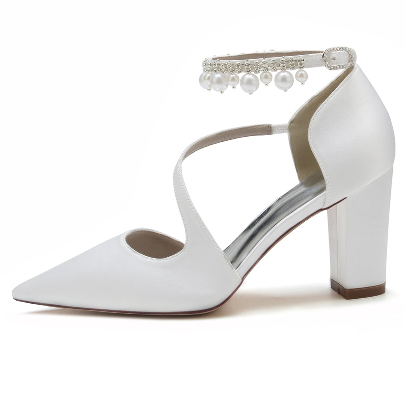 Women's Wedding Shoes Pointed Toe Crossed Straps Buckle Sophisticated Bridal Shoes with Pearl