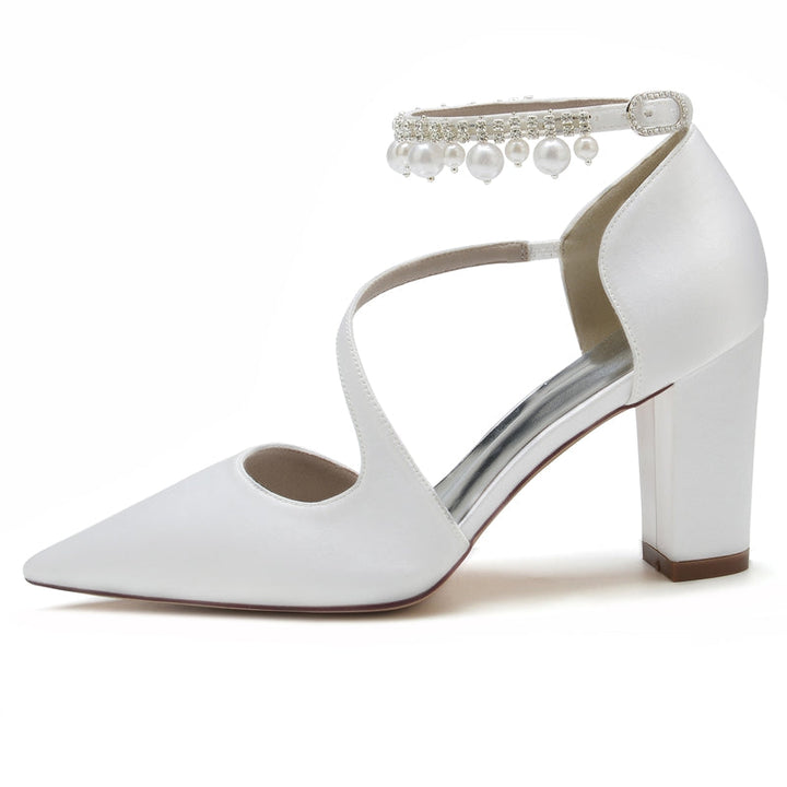 Women's Wedding Shoes Pointed Toe Crossed Straps Buckle Sophisticated Bridal Shoes with Pearl