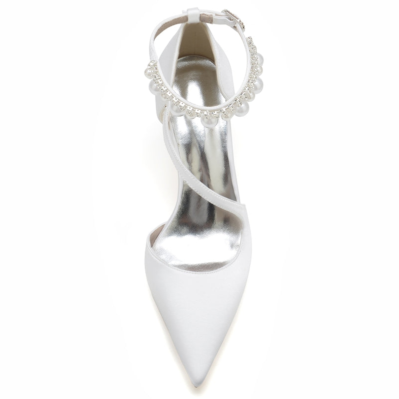 Women's Wedding Shoes Pointed Toe Crossed Straps Buckle Sophisticated Bridal Shoes with Pearl