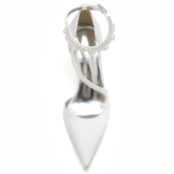 Women's Wedding Shoes Pointed Toe Crossed Straps Buckle Sophisticated Bridal Shoes with Pearl
