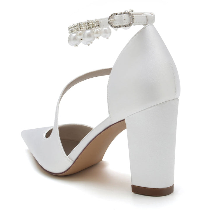 Women's Wedding Shoes Pointed Toe Crossed Straps Buckle Sophisticated Bridal Shoes with Pearl