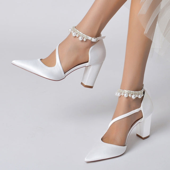 Women's Wedding Shoes Pointed Toe Crossed Straps Buckle Sophisticated Bridal Shoes with Pearl