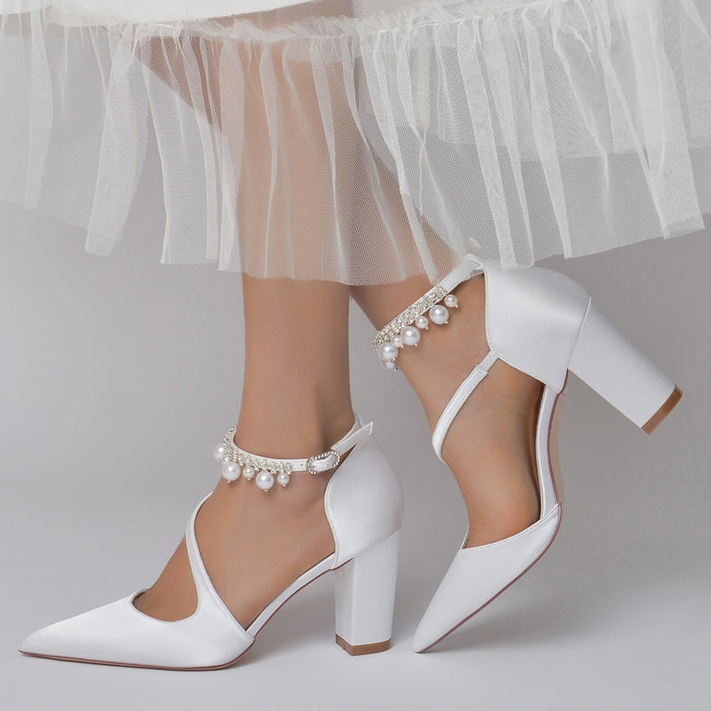 Women's Wedding Shoes Pointed Toe Crossed Straps Buckle Sophisticated Bridal Shoes with Pearl
