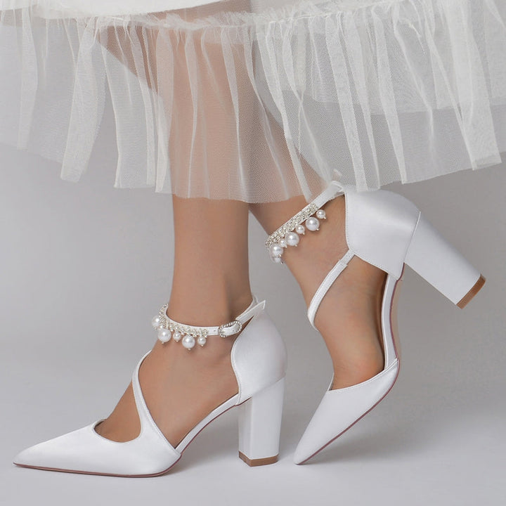 Women's Wedding Shoes Pointed Toe Crossed Straps Buckle Sophisticated Bridal Shoes with Pearl