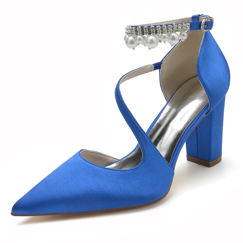 Women's Wedding Shoes Pointed Toe Crossed Straps Buckle Sophisticated Bridal Shoes with Pearl