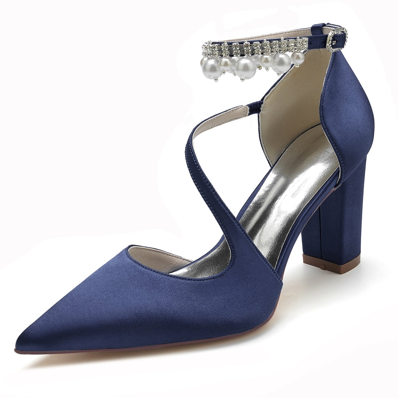 Women's Wedding Shoes Pointed Toe Crossed Straps Buckle Sophisticated Bridal Shoes with Pearl