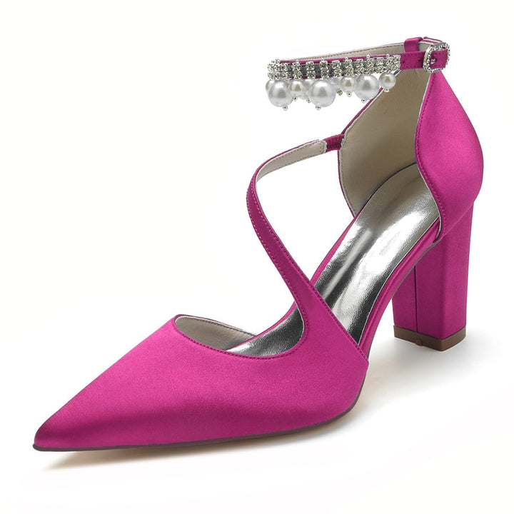 Women's Wedding Shoes Pointed Toe Crossed Straps Buckle Sophisticated Bridal Shoes with Pearl