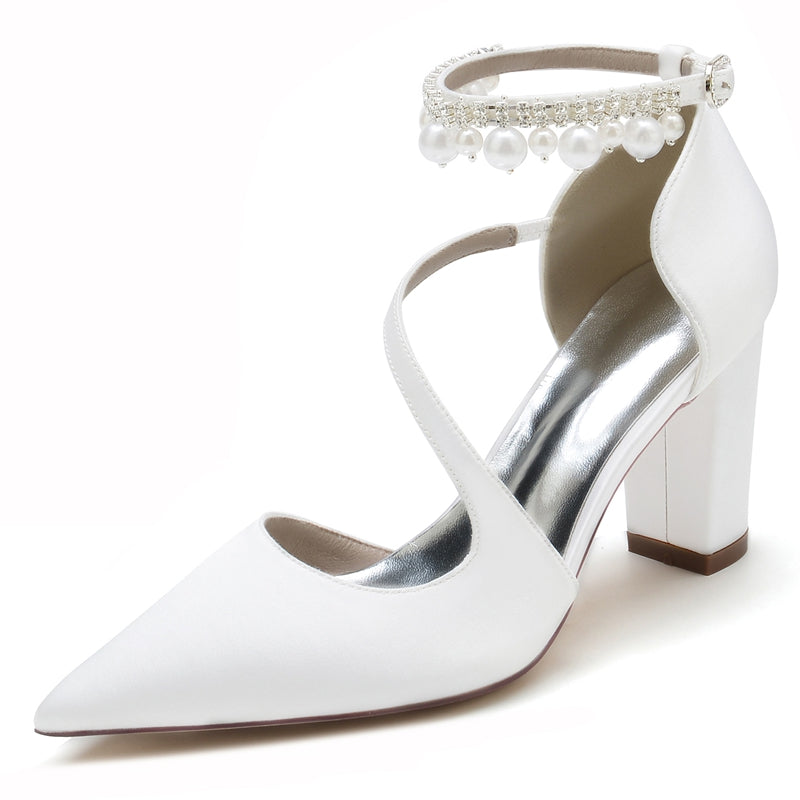 Women's Wedding Shoes Pointed Toe Crossed Straps Buckle Sophisticated Bridal Shoes with Pearl