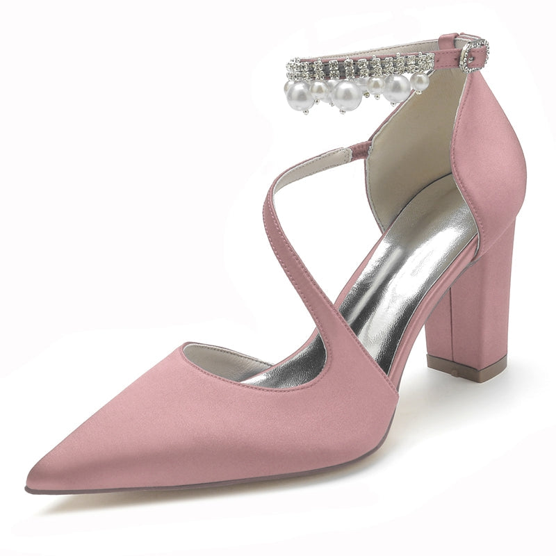 Women's Wedding Shoes Pointed Toe Crossed Straps Buckle Sophisticated Bridal Shoes with Pearl