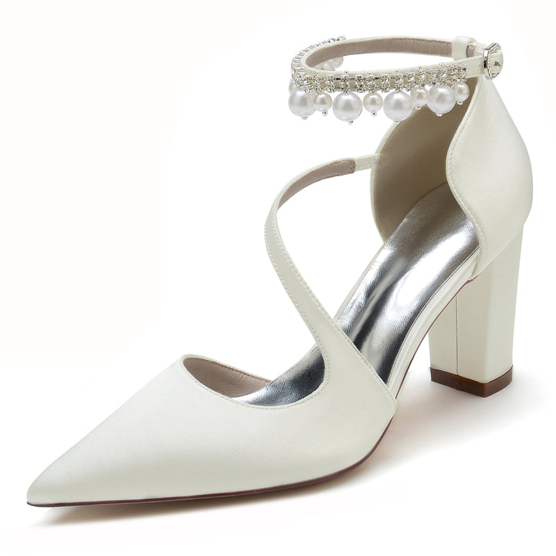 Women's Wedding Shoes Pointed Toe Crossed Straps Buckle Sophisticated Bridal Shoes with Pearl