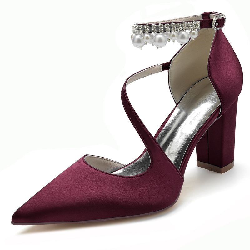Women's Wedding Shoes Pointed Toe Crossed Straps Buckle Sophisticated Bridal Shoes with Pearl