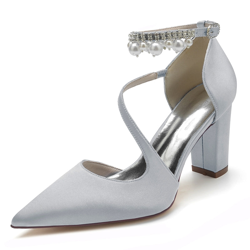 Women's Wedding Shoes Pointed Toe Crossed Straps Buckle Sophisticated Bridal Shoes with Pearl
