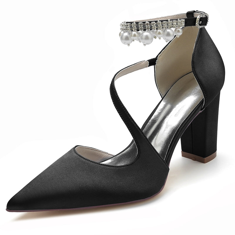 Women's Wedding Shoes Pointed Toe Crossed Straps Buckle Sophisticated Bridal Shoes with Pearl